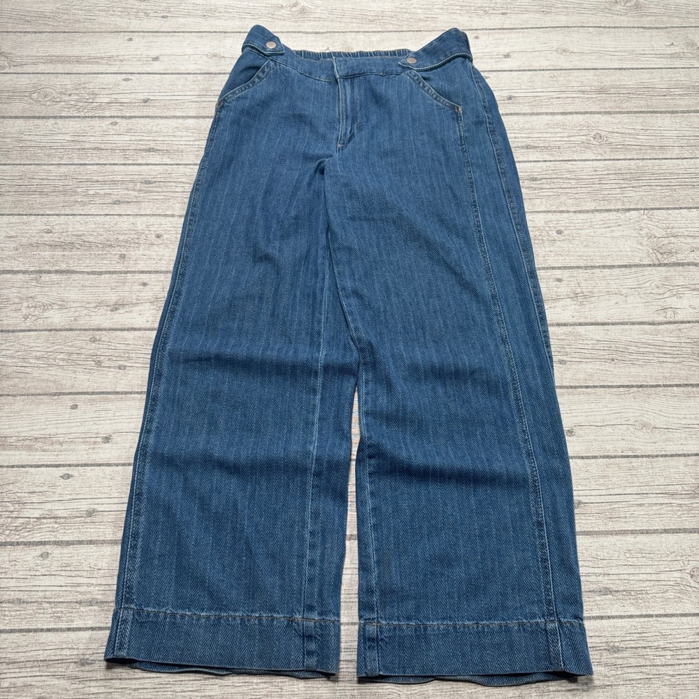 Rachel Roy Pants Women's L Blue Herringbone Denim High Rise Wide Leg Baggy Fit